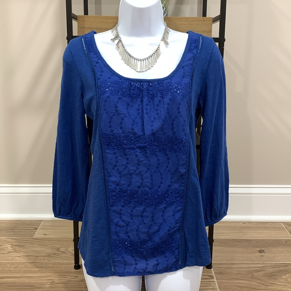 LUCKY BRAND Blue Pointelle 3/4 Sleeve Peasant Top XS